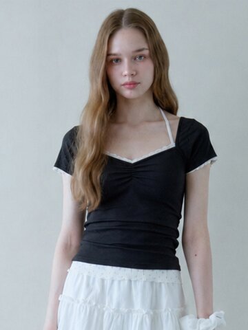 DEW LACE SHIRRING T-SHIRT_BLACK
