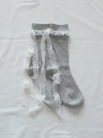 ［2PCS 1SET］DAINTY RIBBON LACE SOCKS_MELANGE GREY
