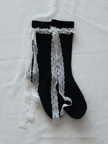 ［2PCS 1SET］DAINTY RIBBON LACE SOCKS_BLACK