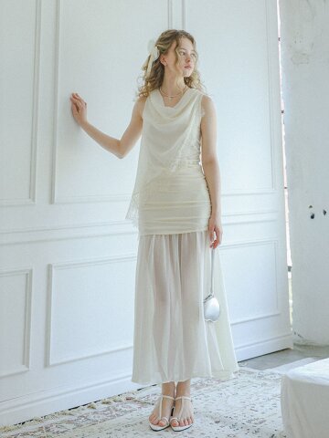 LB_Drape lace top and chiffon skirt set_IVORY