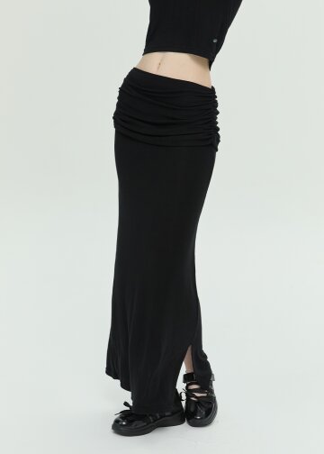 Ruched Waist Long Skirt (Black)