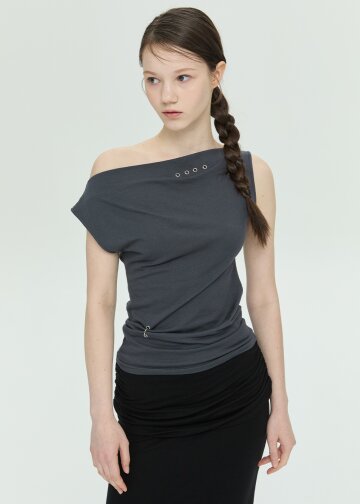 One-Shoulder Eyelet Sleeveless Top (Charcoal)