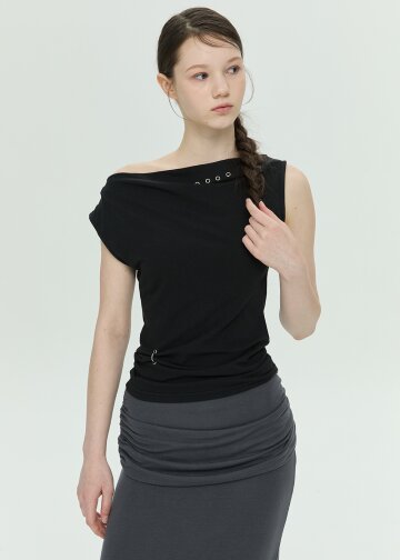 One-Shoulder Eyelet Sleeveless Top (Black)