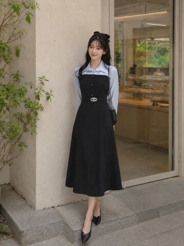 셔츠 배색 뷔스티에 플레어 원피스 
