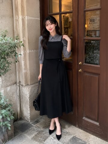 셔츠 배색 뷔스티에 플레어 원피스 