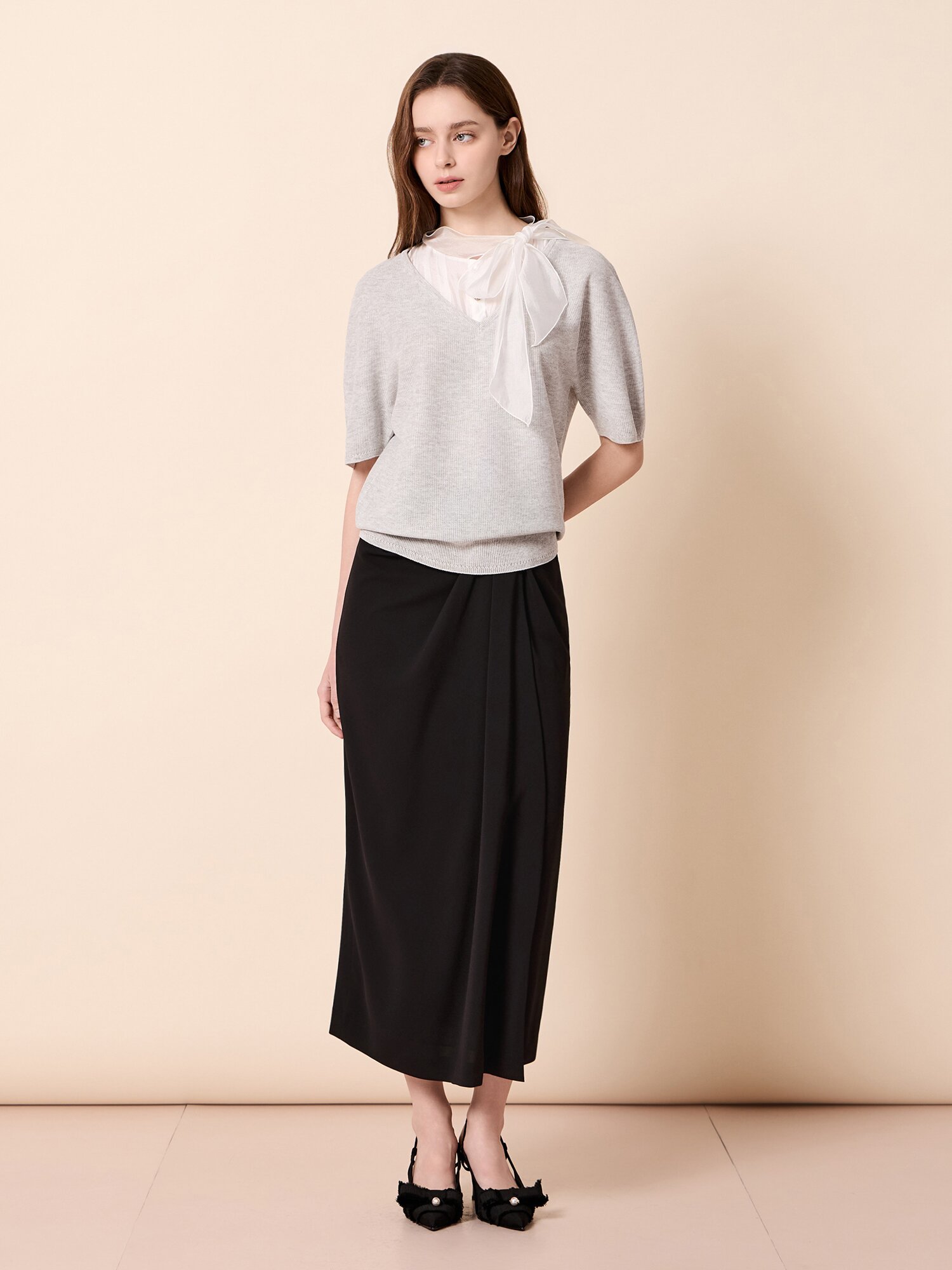 타이넥 레이어드 하프 슬리브 니트 (GREY)