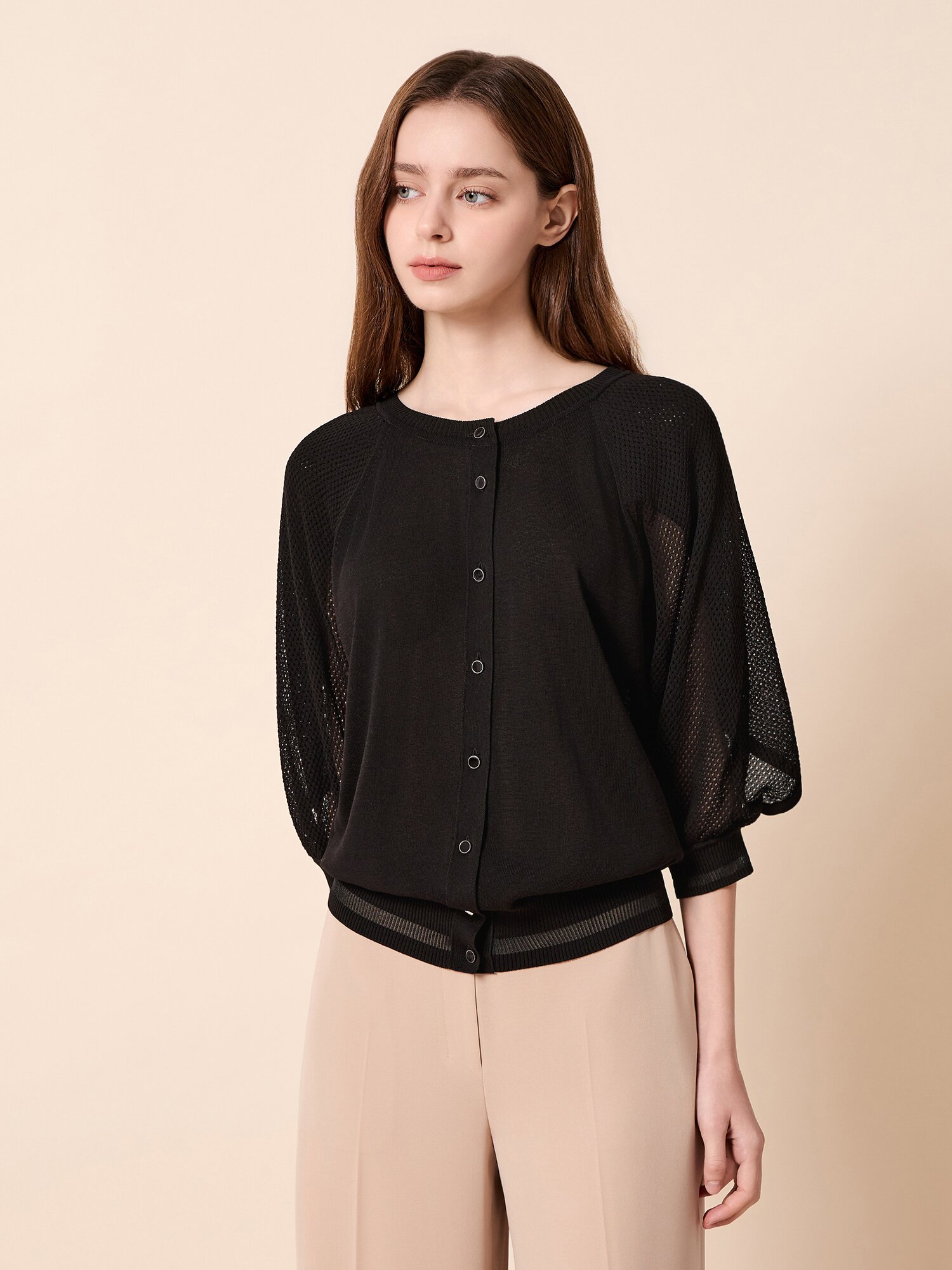 펀칭 케이프 미드 슬리브 가디건 (BLACK)