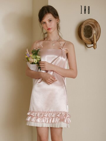Cest_Satin ruffle sleeveless dress