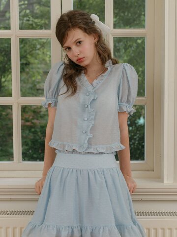 Cest_Ruffle button puff sleeve blouse
