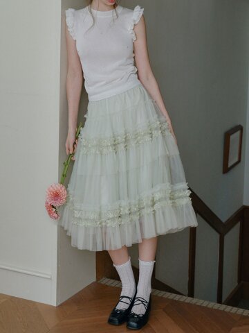 Cest_Mesh ruffle tiered skirt