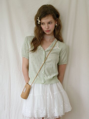 Cest_Lace pointelle short sleeve cardigan