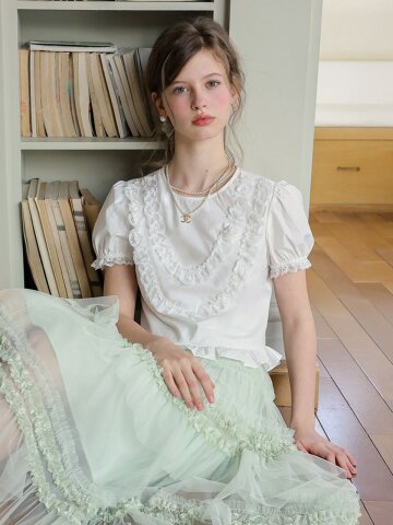 Cest_Lace ruffle puff sleeve blouse