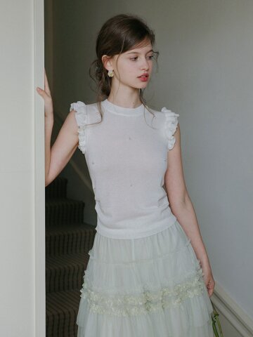 Cest_Beaded ruffle sleeveless top