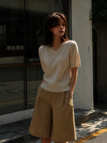 하프 슬리브 브이넥 풀오버 니트 
