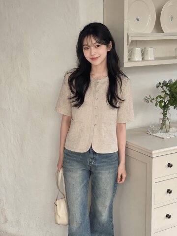 린넨 포켓 라운드넥 크롭 재킷 
