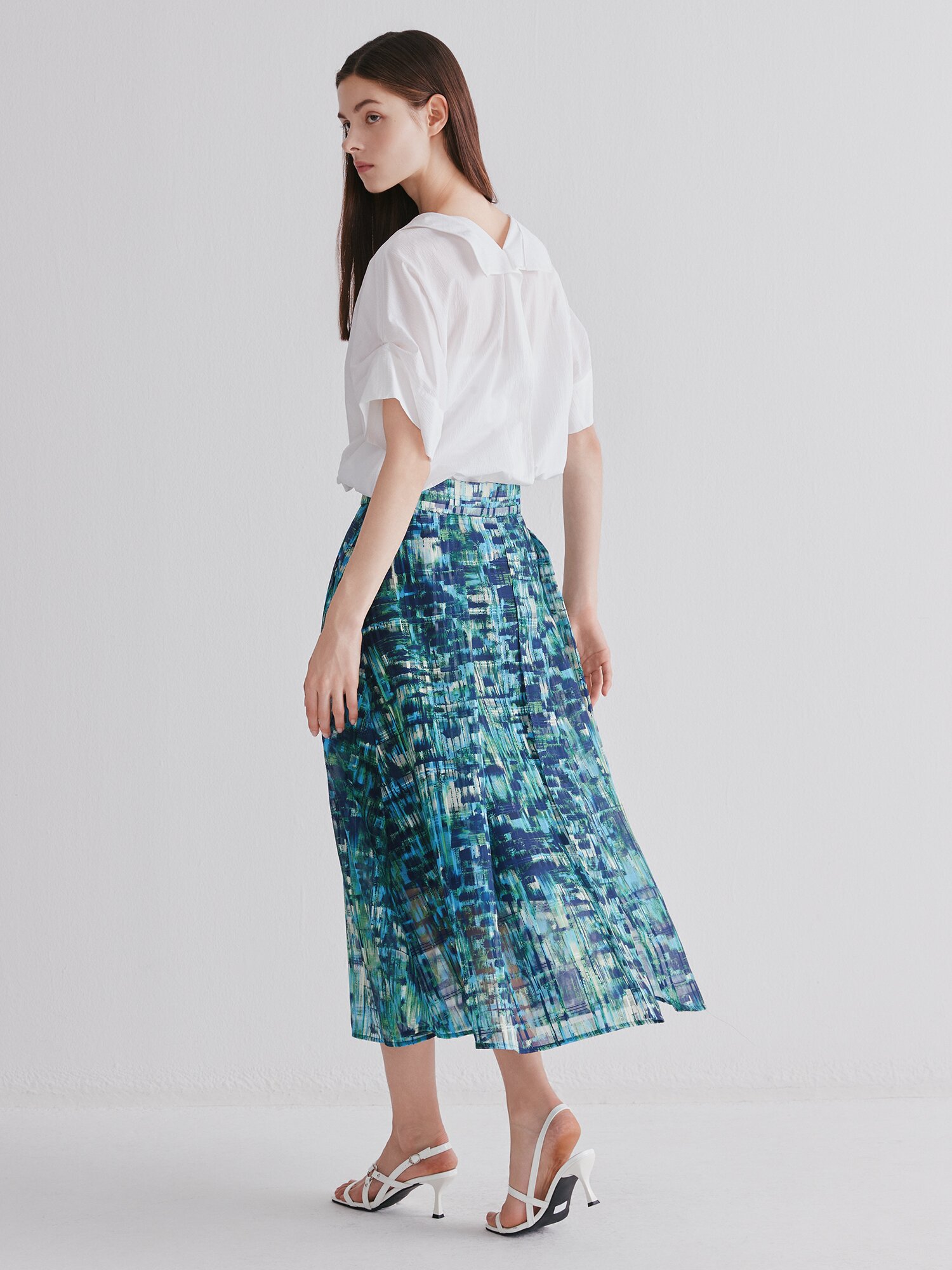언밸런스 슬릿 플레어 스커트 (PRINT GREEN)