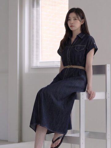 스티치 턴업 플레어 데님 원피스 