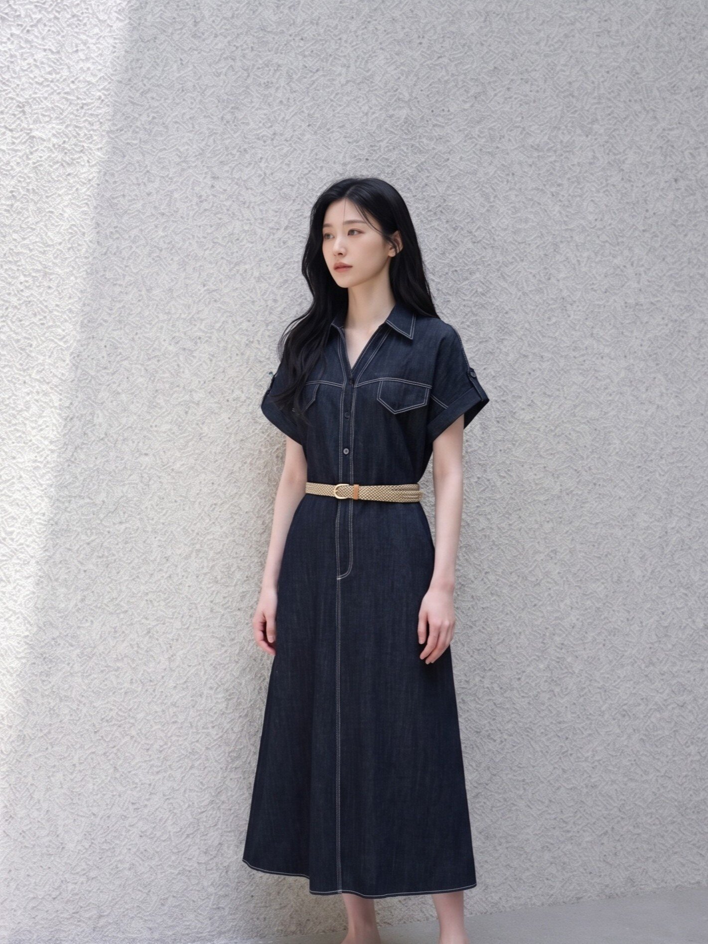 스티치 턴업 플레어 데님 원피스 (INDIGO)