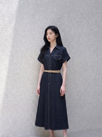 스티치 턴업 플레어 데님 원피스 