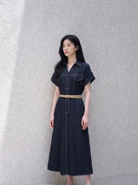 스티치 턴업 플레어 데님 원피스 