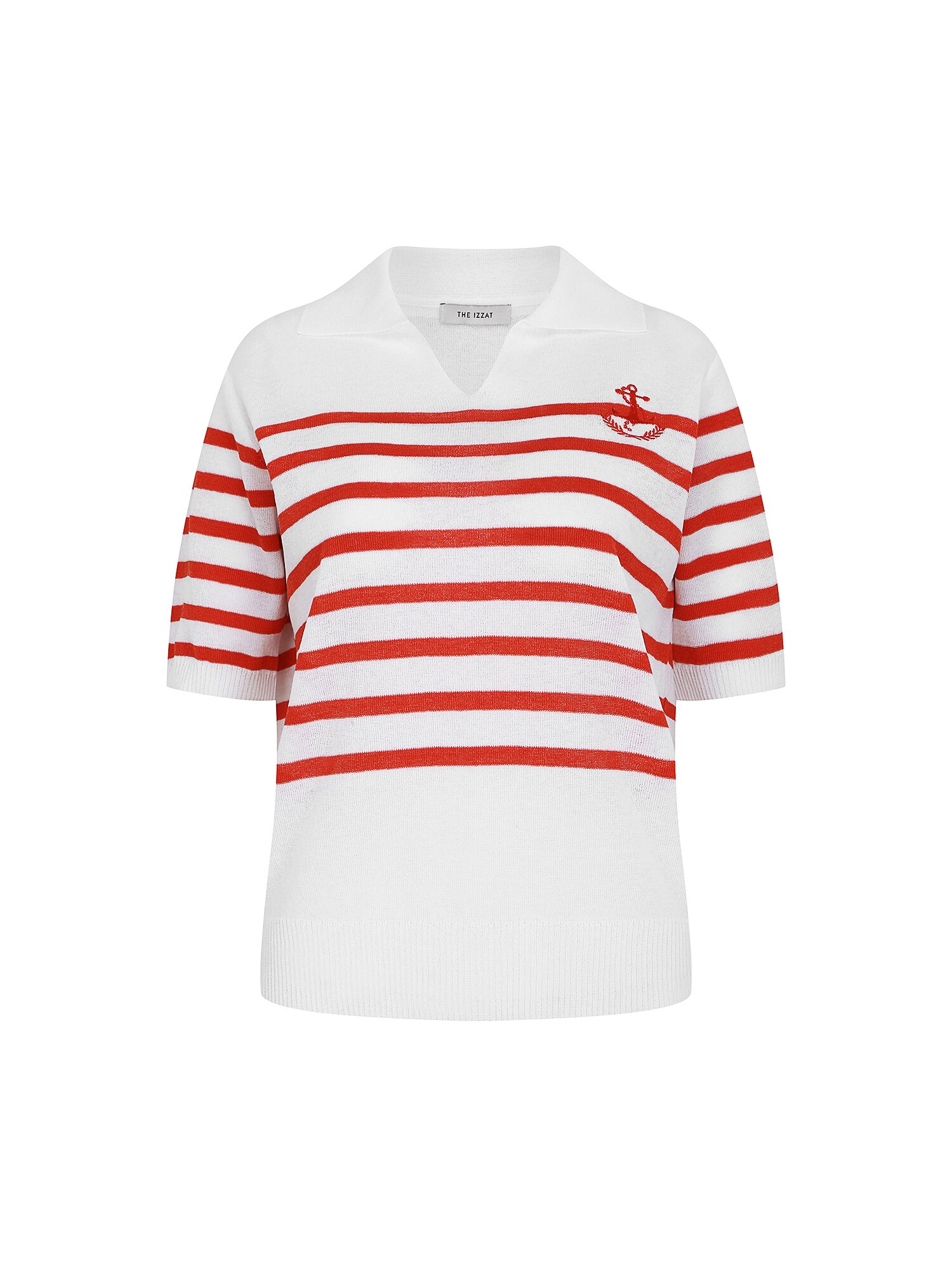 스트라이프 자수 브이 칼라 니트 (STRIPE RED)