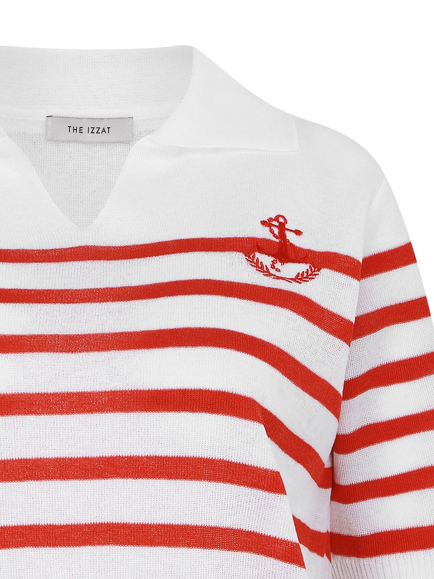스트라이프 자수 브이 칼라 니트 (STRIPE RED)