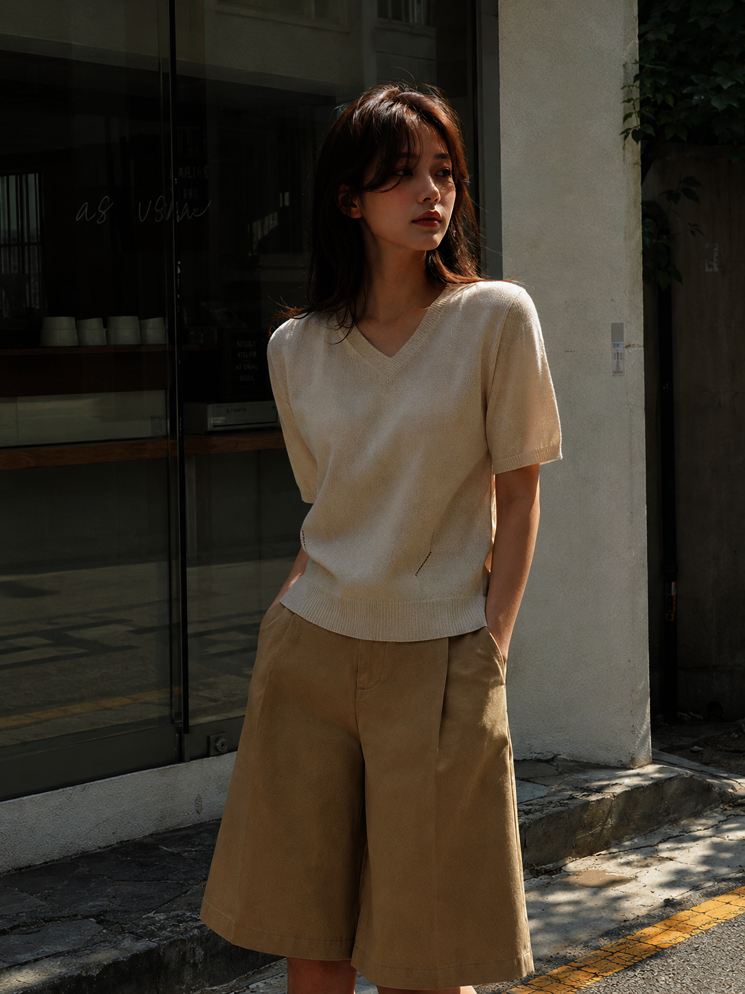 하프 슬리브 브이넥 풀오버 니트 (LIGHT BEIGE)