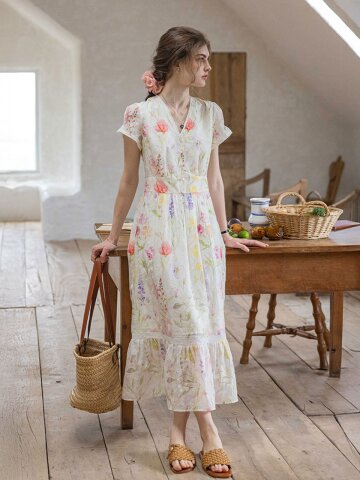 DA_Printed lace trim waist dress