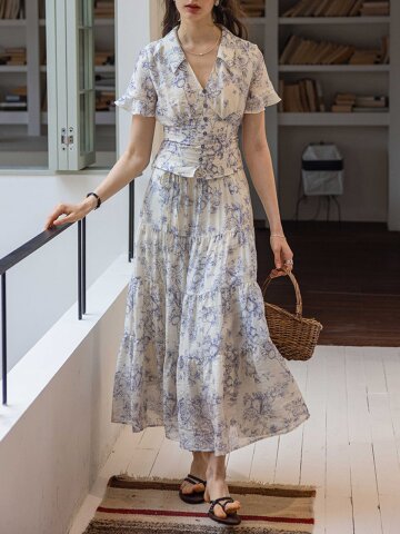 DA_Digital print lapel waist skirt