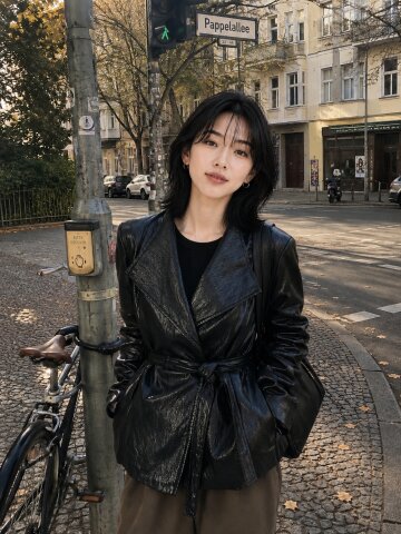 글로시 페이크 레더 벨티드 자켓 