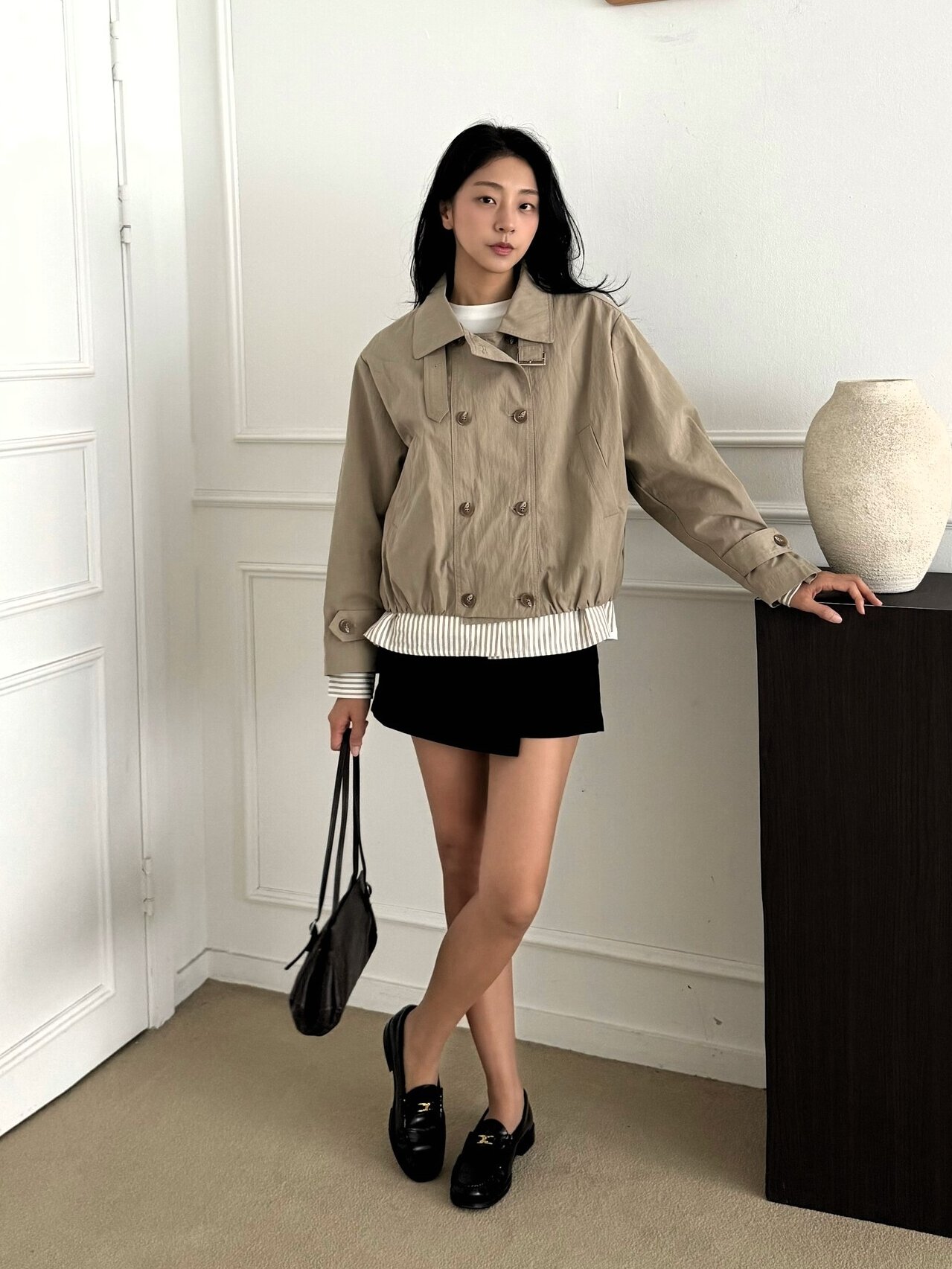밴딩 싱글 칼라 숏 트렌치 코트 (BEIGE)