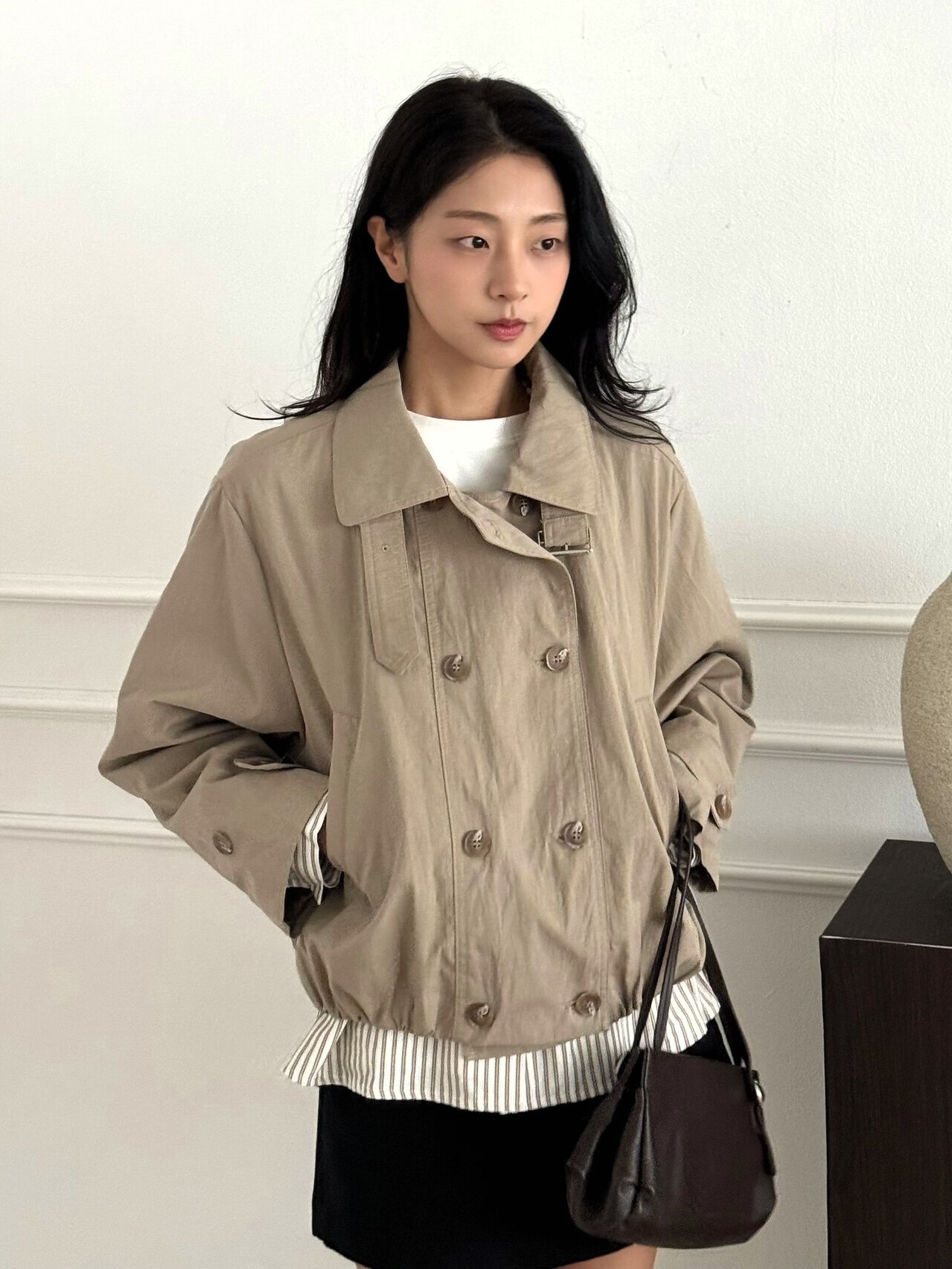 밴딩 싱글 칼라 숏 트렌치 코트 (BEIGE)