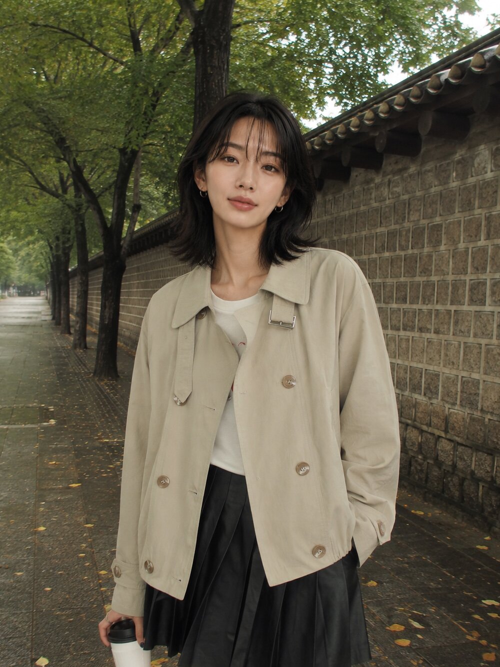 밴딩 싱글 칼라 숏 트렌치 코트 (BEIGE)