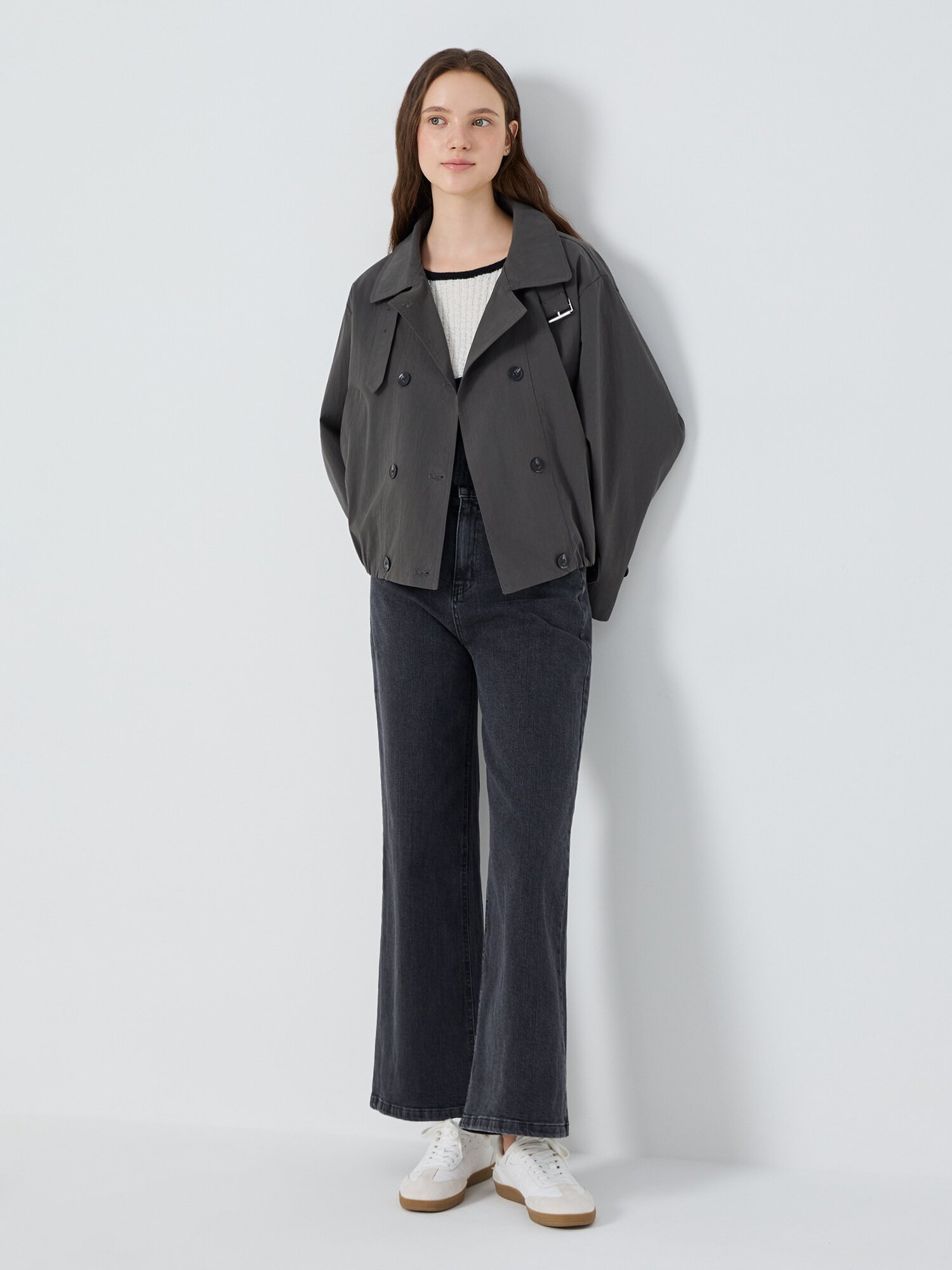 밴딩 싱글 칼라 숏 트렌치 코트 (DARK GREY)