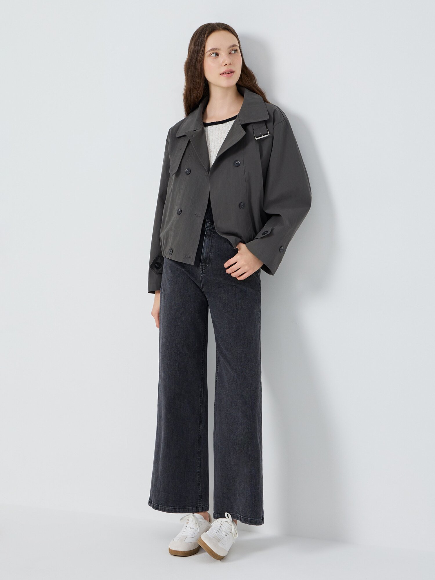 밴딩 싱글 칼라 숏 트렌치 코트 (DARK GREY)