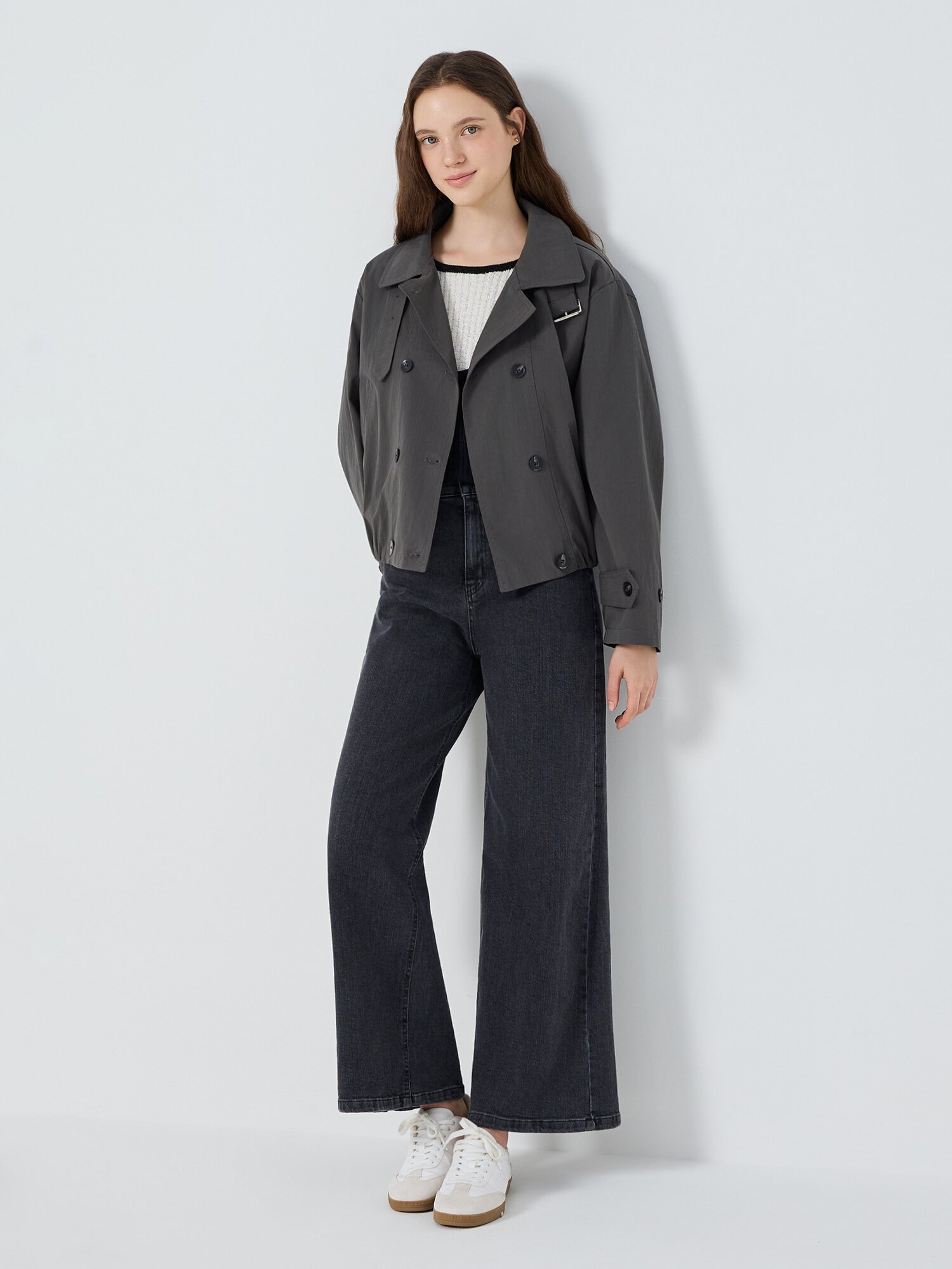 밴딩 싱글 칼라 숏 트렌치 코트 (DARK GREY)