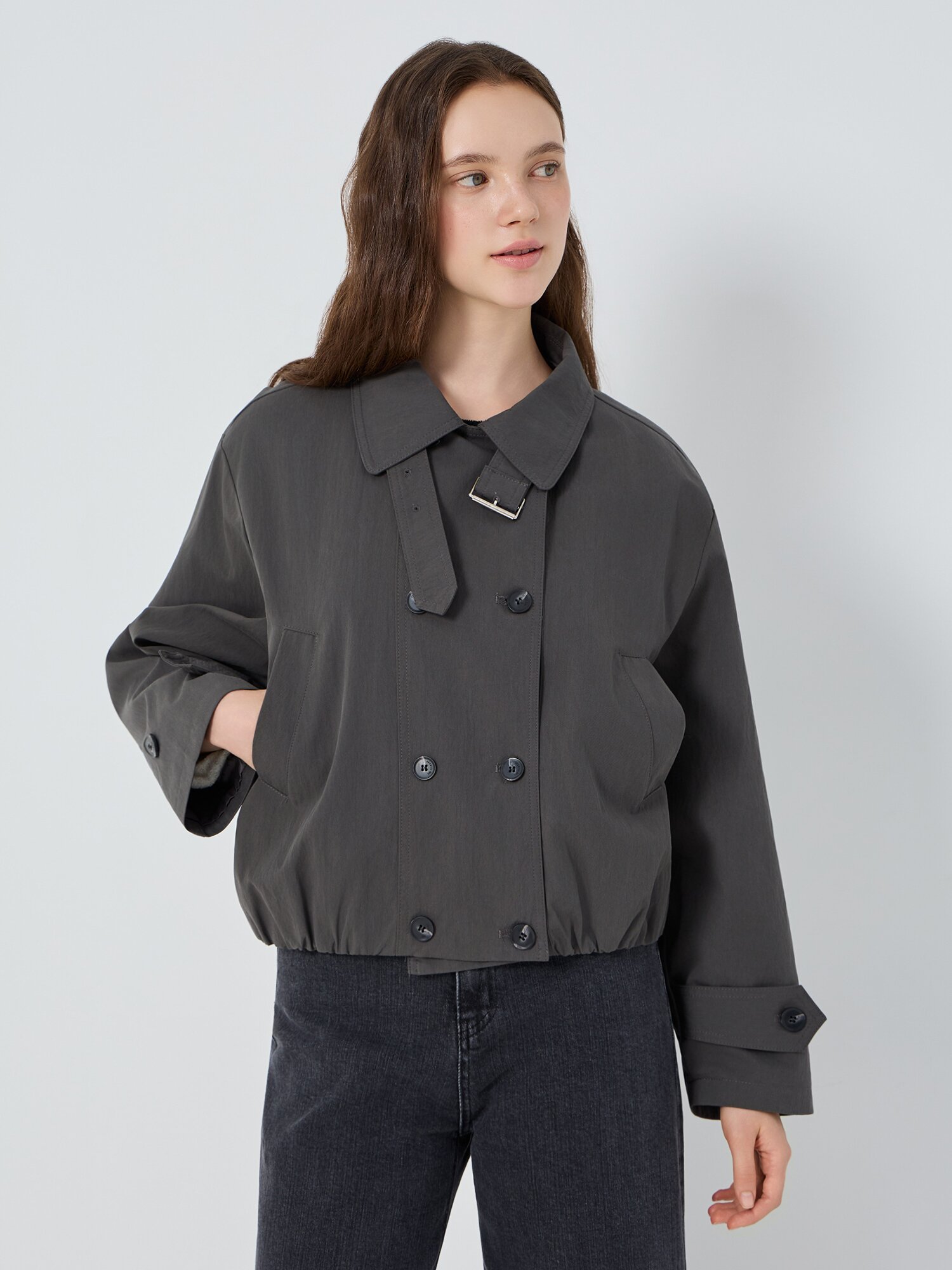 밴딩 싱글 칼라 숏 트렌치 코트 (DARK GREY)
