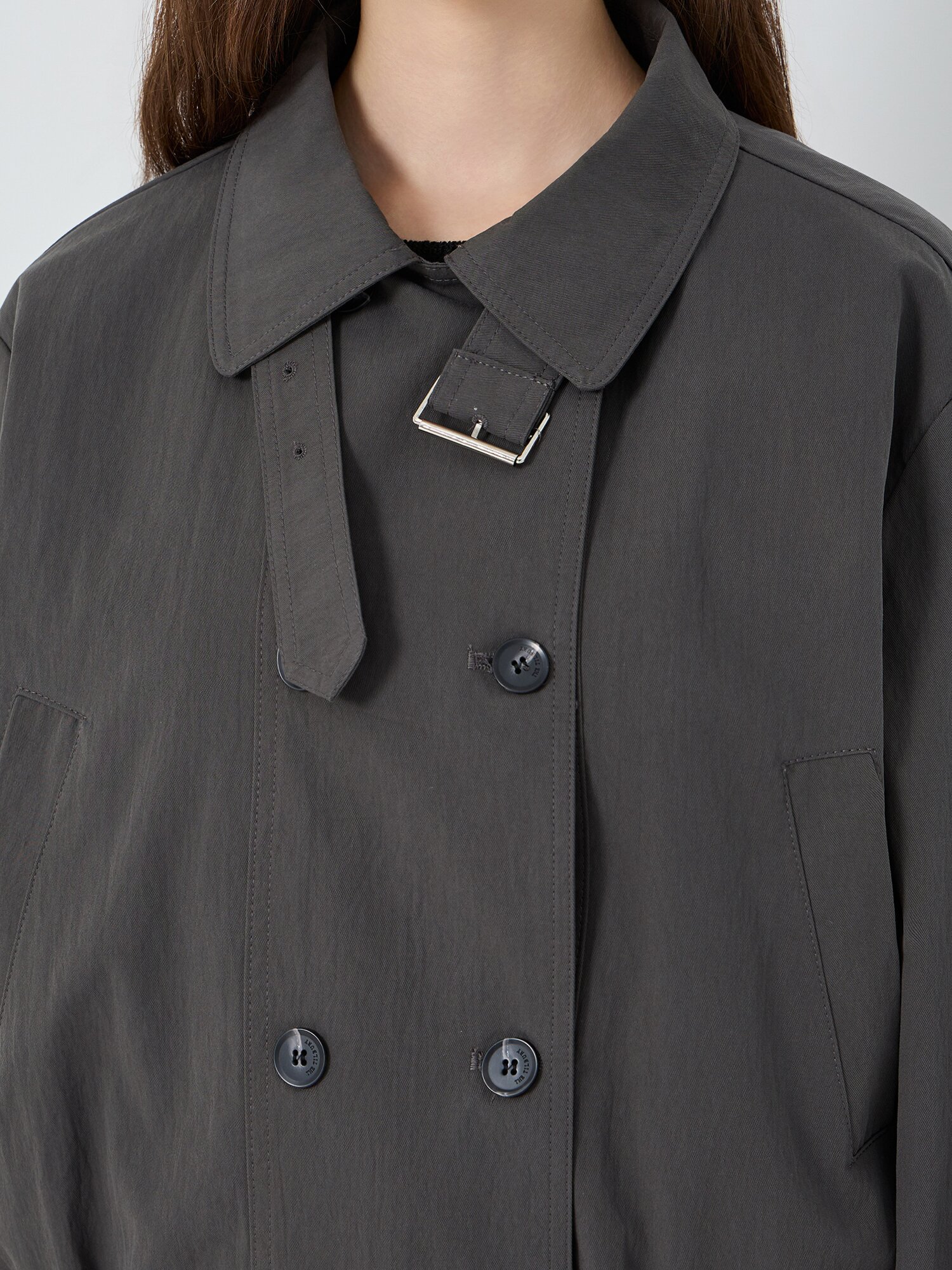 밴딩 싱글 칼라 숏 트렌치 코트 (DARK GREY)