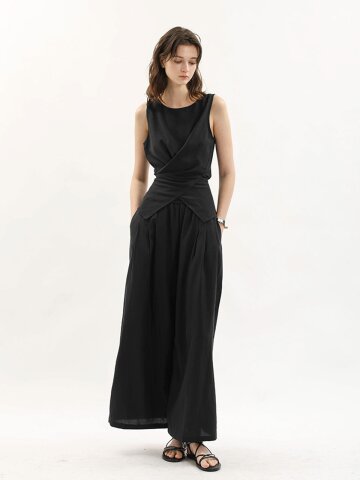 WD_Asymmetric drape vest and pants set_BLACK