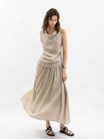 WD_Drape neck vest and midi skirt set_GRAY