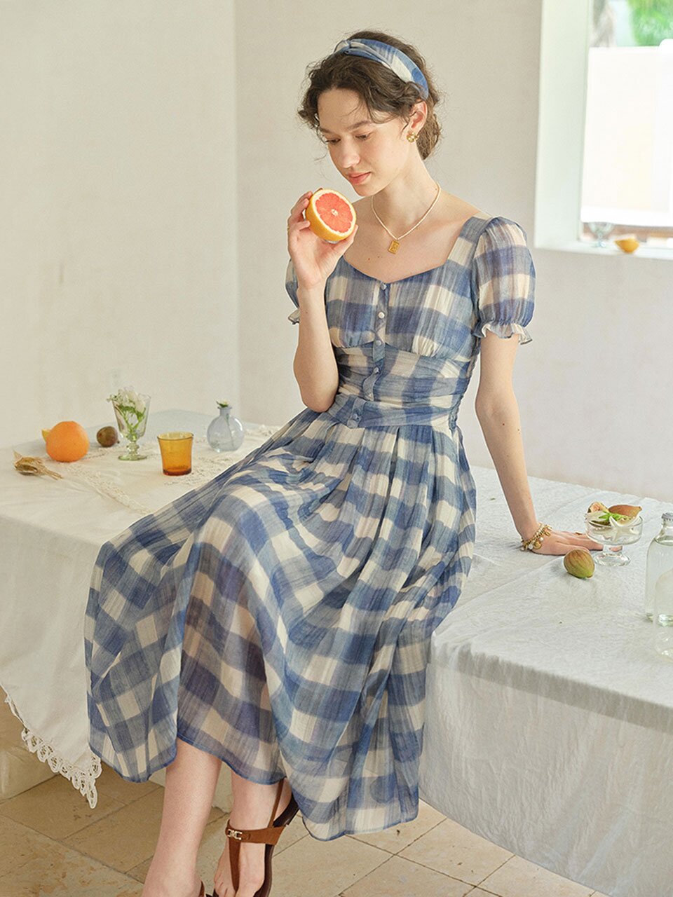 SR_Blue checkered cinching dress