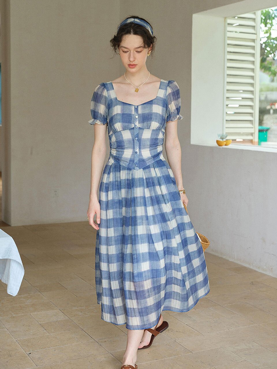 SR_Blue checkered cinching dress