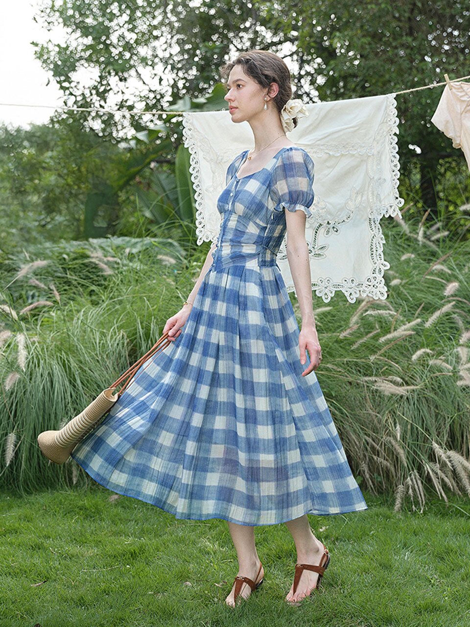 SR_Blue checkered cinching dress