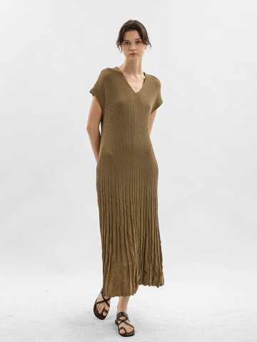 WD_Rib knit v-neck midi dress_KHAKI