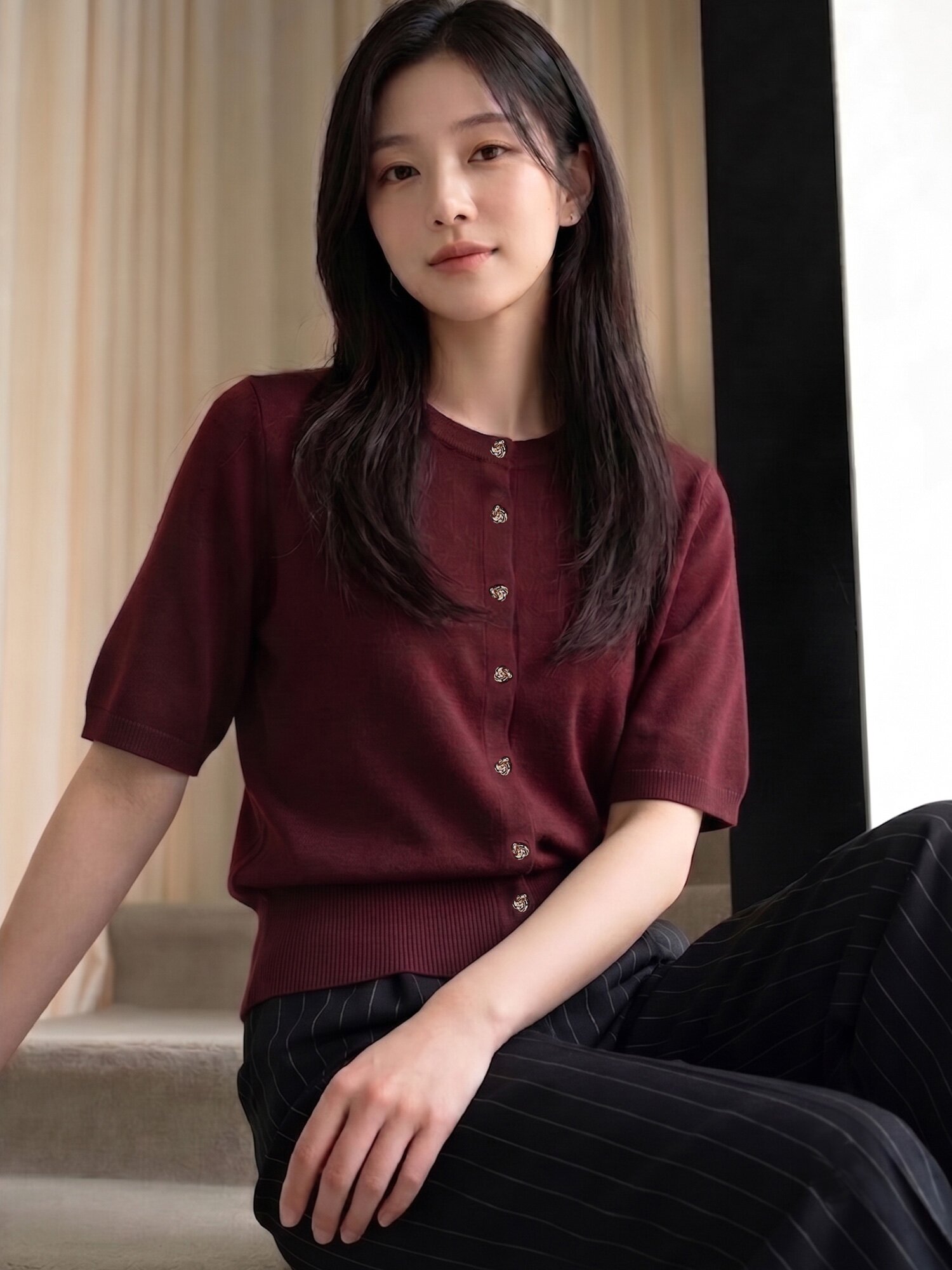 린넨 메탈 버튼 라운드넥 가디건 (WINE)