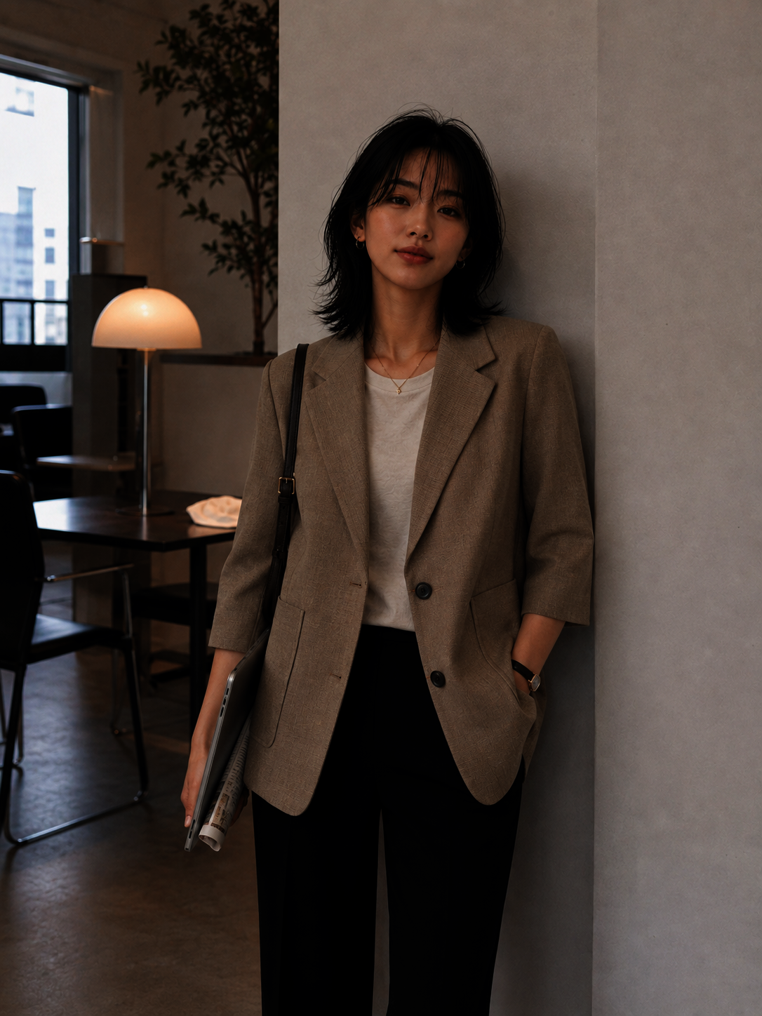린넨 블렌드 7부 소매 테일러드 재킷 (BROWN)