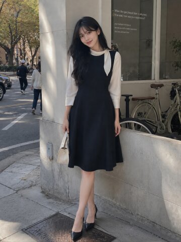 배색 스카프넥 플레어 원피스 