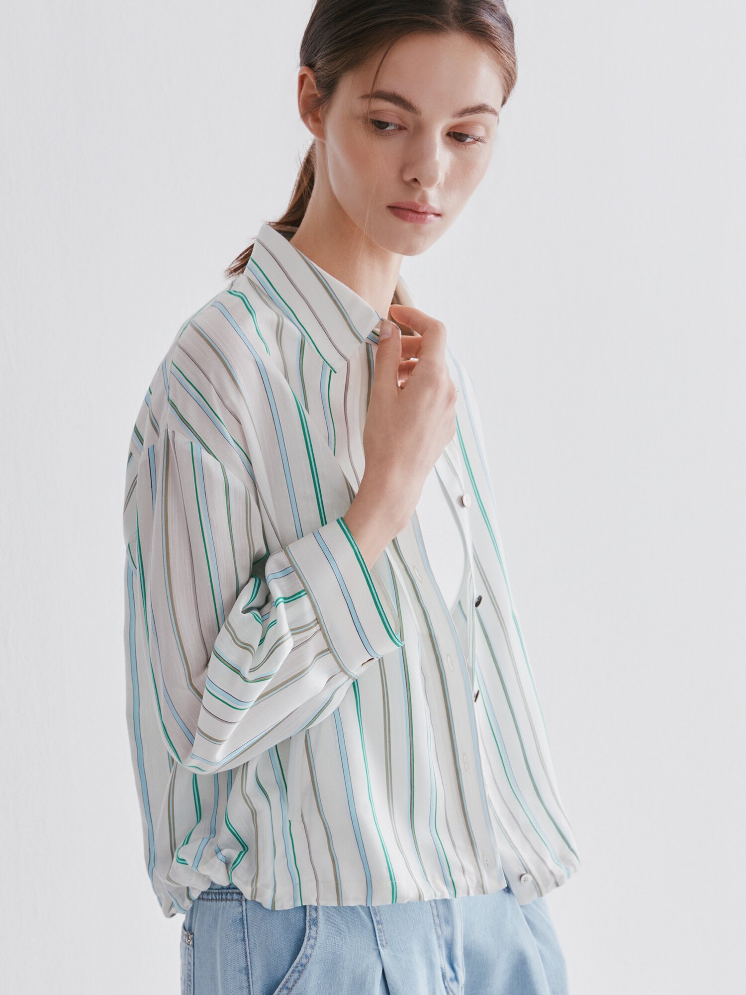 루즈핏 스트링 셔츠 블라우스 (STRIPE GREEN)
