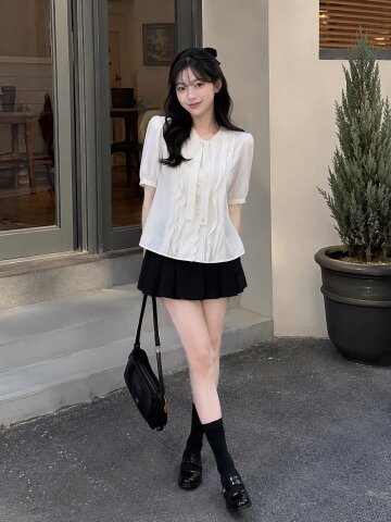 핀턱 타이 브이넥 블라우스 