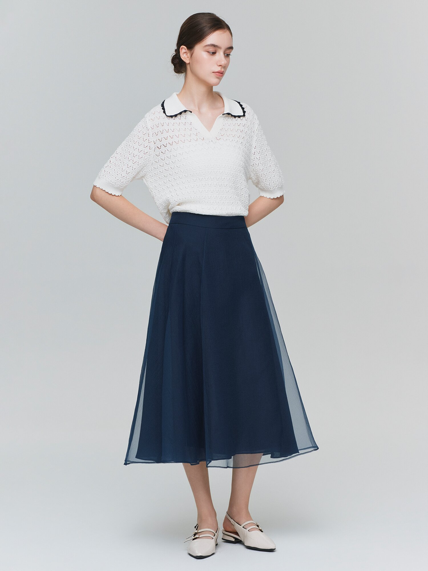 오간자 레이어 플레어 스커트 (NAVY)